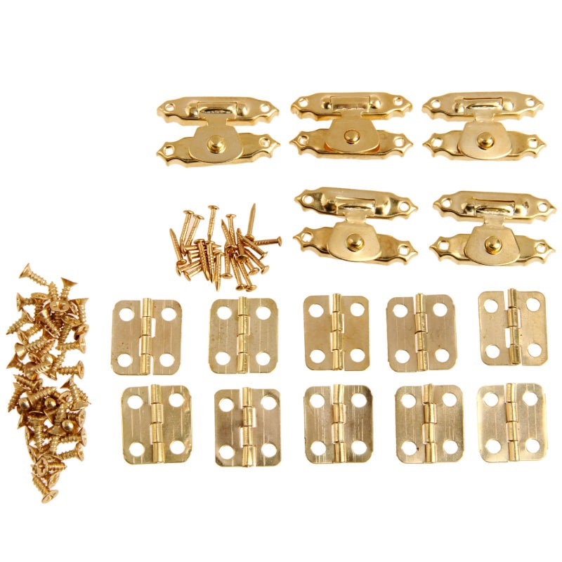 Dophee 5Pcs Retro Design Decorative Cabinet Jewelry Box Wooden Box Latch Hasps Buckle and 10Pcs Vintage Bronze Hinges and 60 Screws-Gold - Image 2
